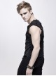 Punk Style Old Fashioned Elastic Knitted Patchwork With Cowhide Metal Rivet Shoulder Guards Decorated Black Sleeveless Vest