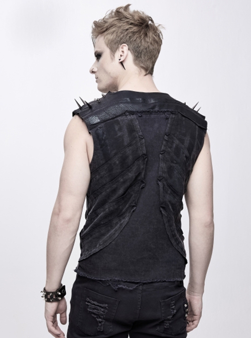 Punk Style Old Fashioned Elastic Knitted Patchwork With Cowhide Metal Rivet Shoulder Guards Decorated Black Sleeveless Vest