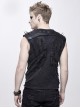 Punk Style Old Fashioned Elastic Knitted Patchwork With Cowhide Metal Rivet Shoulder Guards Decorated Black Sleeveless Vest