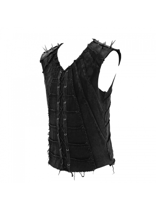 Punk Style Old Fashioned Elastic Knitted Patchwork With Cowhide Metal Rivet Shoulder Guards Decorated Black Sleeveless Vest