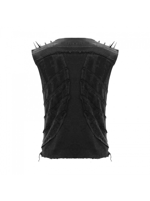 Punk Style Old Fashioned Elastic Knitted Patchwork With Cowhide Metal Rivet Shoulder Guards Decorated Black Sleeveless Vest