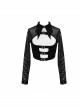 Punk Style Short Stretch Knitted Splicing Hollow Mesh Front Chest Bat Collar Design Black Daily Long Sleeved T-Shirt