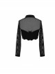 Punk Style Short Stretch Knitted Splicing Hollow Mesh Front Chest Bat Collar Design Black Daily Long Sleeved T-Shirt