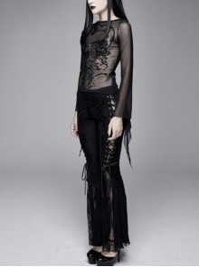 Gothic Style Sexy See Through Mesh Snake Print Pattern On The Chest Black Flowing Long Sleeve T-Shirt