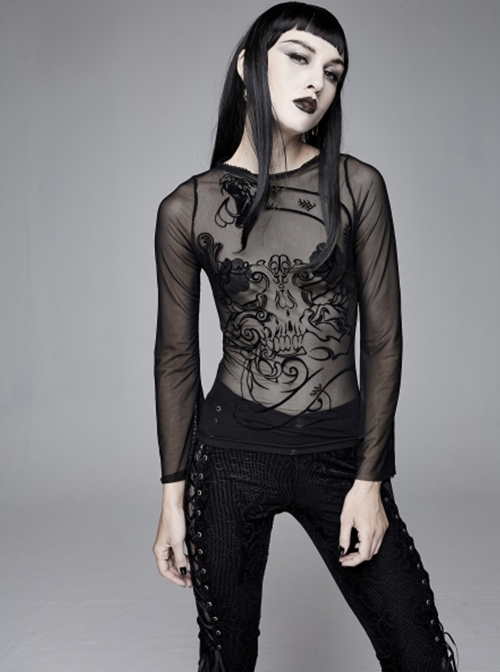 Gothic Style Sexy See Through Mesh Snake Print Pattern On The Chest Black Flowing Long Sleeve T-Shirt