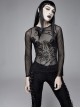 Gothic Style Sexy See Through Mesh Snake Print Pattern On The Chest Black Flowing Long Sleeve T-Shirt