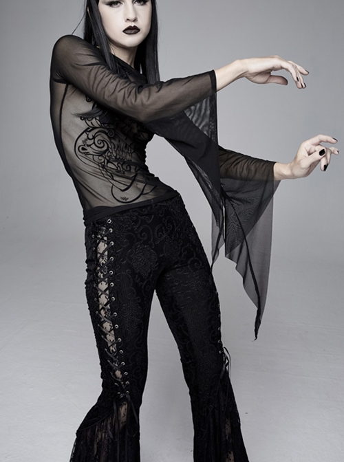 Gothic Style Sexy See Through Mesh Snake Print Pattern On The Chest Black Flowing Long Sleeve T-Shirt