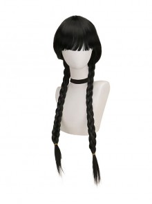 Wednesday Addams Halloween Cosplay Cat Bodysuit Accessories Black Double Ponytails Wig