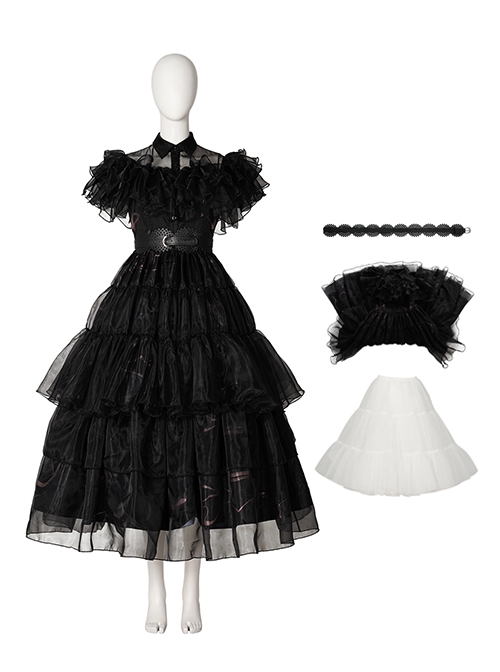 Wednesday Addams Halloween Cosplay School Ball Black Dress Costume Set Without Shoes And Socks