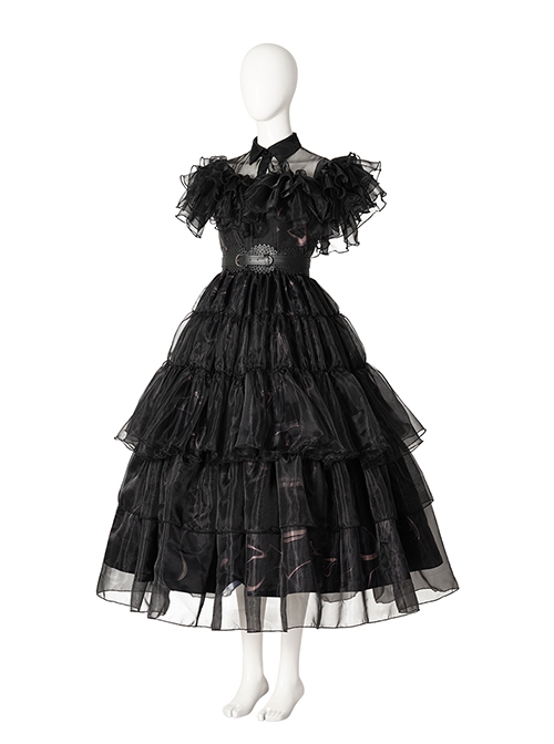 Wednesday Addams Halloween Cosplay School Ball Black Dress Costume Set Without Shoes And Socks