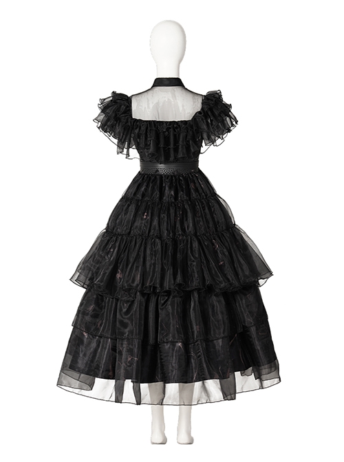 Wednesday Addams Halloween Cosplay School Ball Black Dress Costume Set Without Shoes And Socks