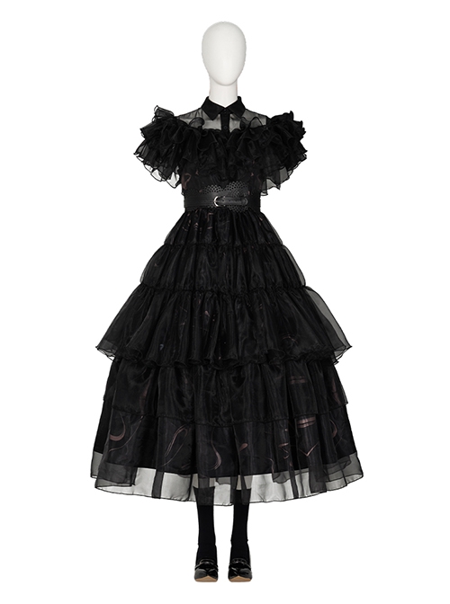 Wednesday Addams Halloween Cosplay School Ball Black Dress Accessories Black Shoes And Socks