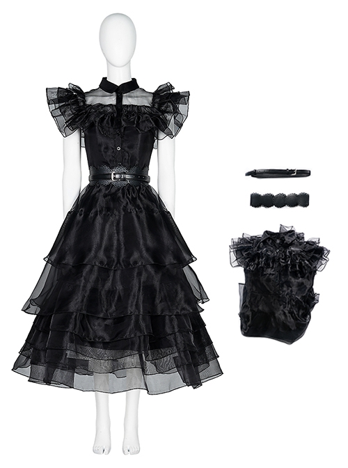 Wednesday Addams Halloween Cosplay Wednesday Costume Black Ball Dress Full Set