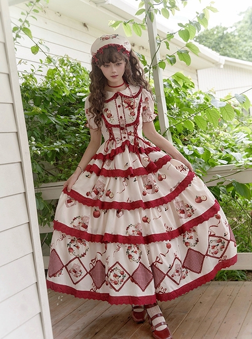 Apple Orchard Series Fruit Print Embroidery Cute Doll Collar Puff Sleeves Sweet Lolita Shirt Skirt Sleeves Headdress Set