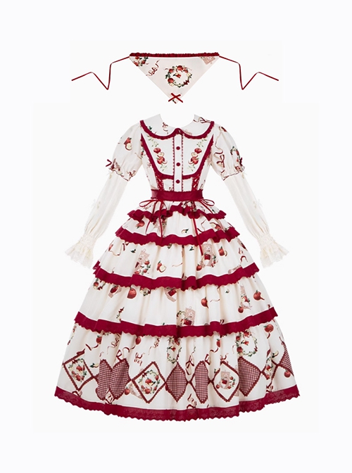 Apple Orchard Series Fruit Print Embroidery Cute Doll Collar Puff Sleeves Sweet Lolita Shirt Skirt Sleeves Headdress Set