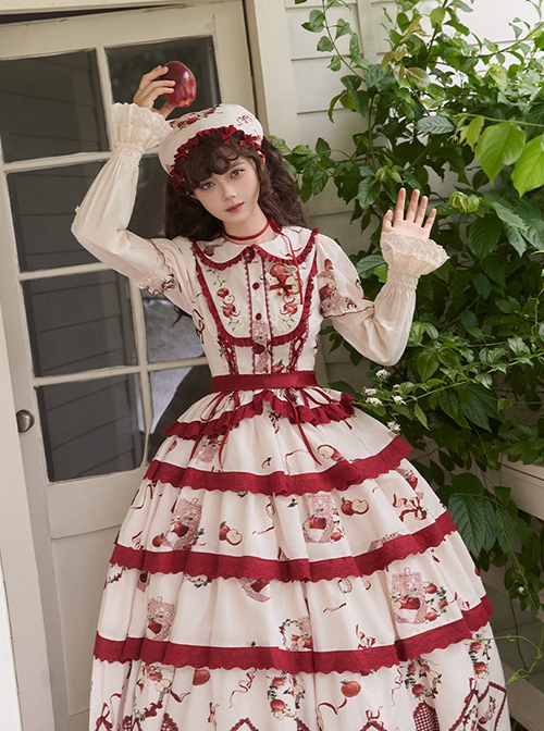 Apple Orchard Series Fruit Print Embroidery Cute Doll Collar Puff Sleeves Sweet Lolita Shirt Skirt Sleeves Headdress Set