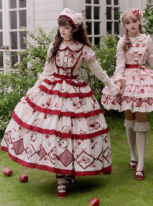 Apple Orchard Series Fruit Print Embroidery Cute Doll Collar Puff Sleeves Sweet Lolita Shirt Skirt Sleeves Headdress Set