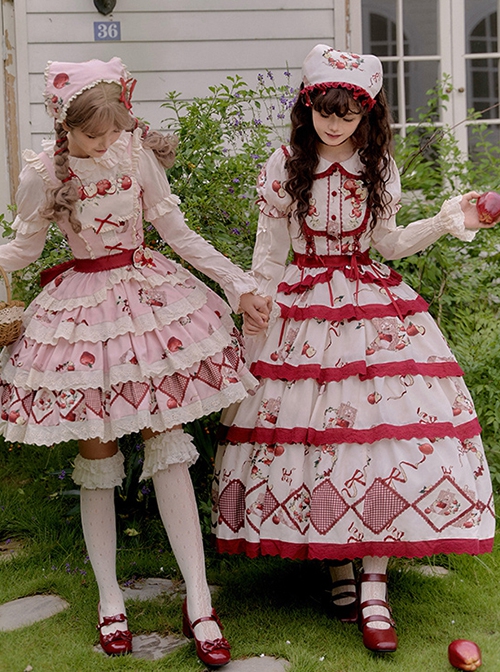 Apple Orchard Series Fruit Print Embroidery Cute Doll Collar Puff Sleeves Sweet Lolita Shirt Skirt Sleeves Headdress Set