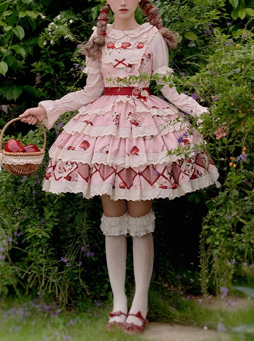 Apple Orchard Series Pastoral Pink Exquisite Embroidery Lace Ruffles Sweet Lolita Vest Skirt Triangular Scarf Headdress Set