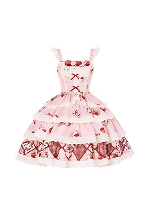 Apple Orchard Series Pastoral Pink Exquisite Embroidery Lace Ruffles Sweet Lolita Vest Skirt Triangular Scarf Headdress Set