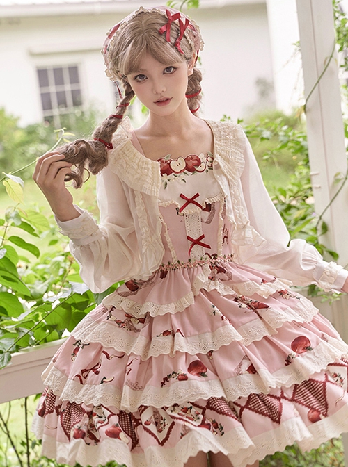 Apple Orchard Series Pastoral Pink Exquisite Embroidery Lace Ruffles Sweet Lolita Vest Skirt Triangular Scarf Headdress Set