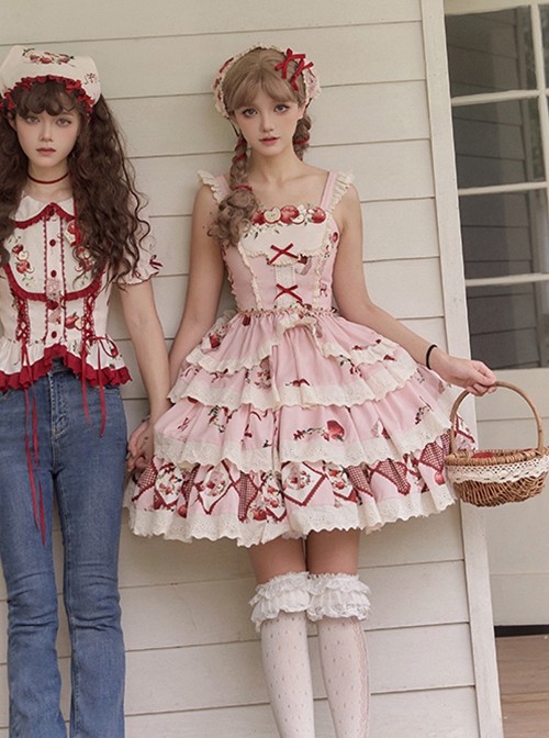 Apple Orchard Series Pastoral Pink Exquisite Embroidery Lace Ruffles Sweet Lolita Vest Skirt Triangular Scarf Headdress Set