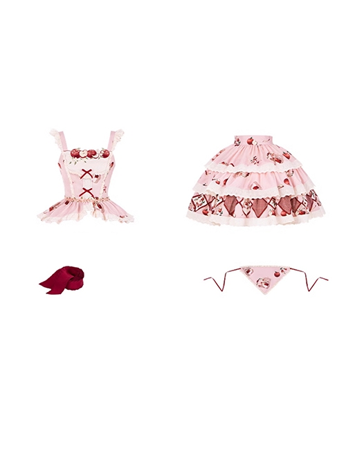 Apple Orchard Series Pastoral Pink Exquisite Embroidery Lace Ruffles Sweet Lolita Vest Skirt Triangular Scarf Headdress Set