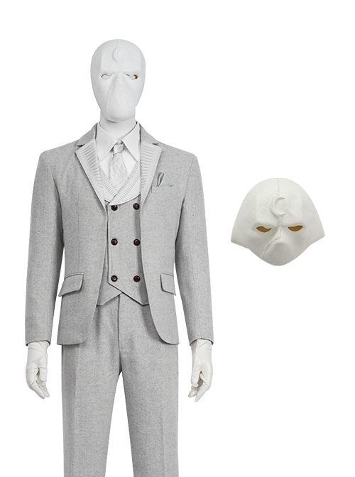 TV Drama Moon Knight Halloween Cosplay Marc Spector Mr. Knight Costume Gray Suit Accessories White Mask