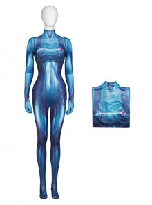 Game Metroid Halloween Cosplay Samus Aran Costume Blue Bodysuit