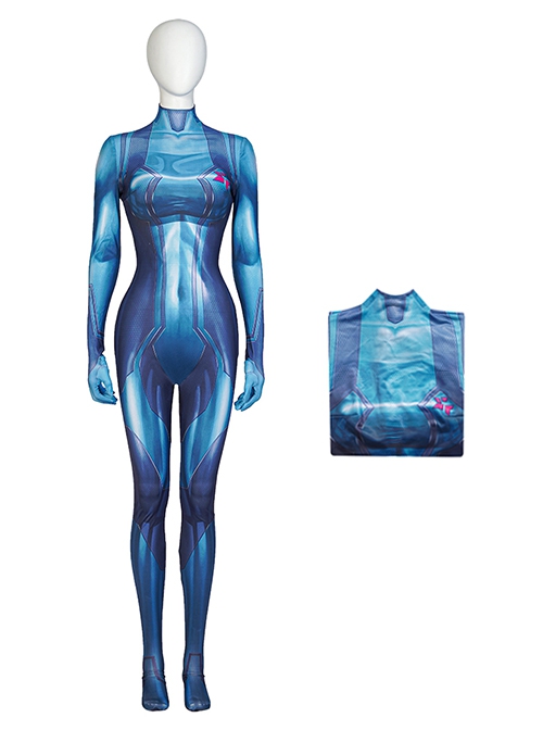 Game Metroid Halloween Cosplay Samus Aran Costume Blue Bodysuit