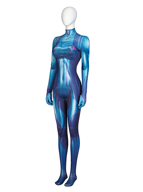 Game Metroid Halloween Cosplay Samus Aran Costume Blue Bodysuit