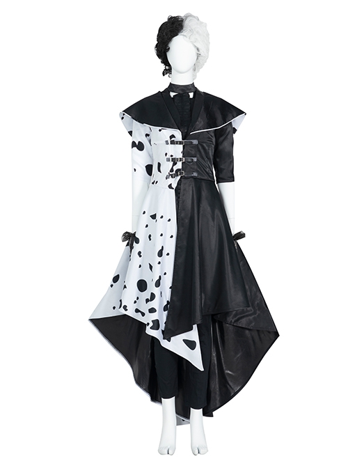 Cruella Halloween Cosplay Cruella Black-white Coat Suit Costume Black Short Sleeve Top