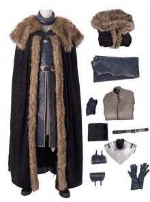 Game Of Thrones Season 8 Halloween Cosplay Jon Snow Brown Fur Collar Black Cloak Suit Costume Set