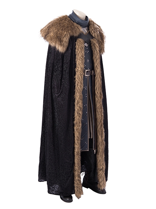 Game Of Thrones Season 8 Halloween Cosplay Jon Snow Brown Fur Collar Black Cloak Suit Costume Set