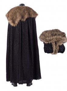 Game Of Thrones Season 8 Halloween Cosplay Jon Snow Brown Fur Collar Black Cloak Suit Costume Black Cloak