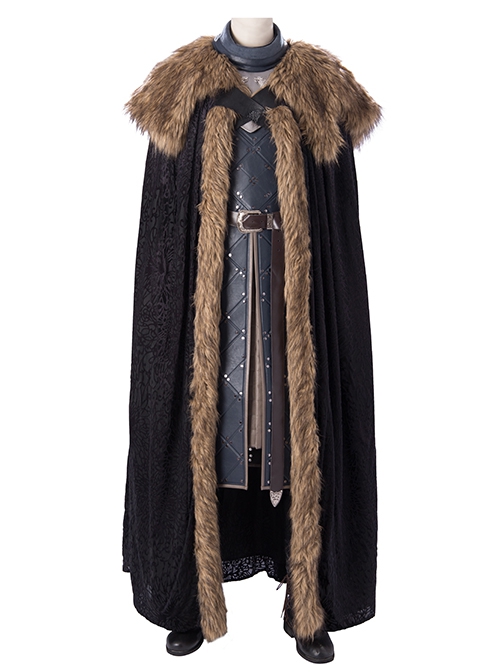 Game Of Thrones Season 8 Halloween Cosplay Jon Snow Brown Fur Collar Black Cloak Suit Costume Black Trousers