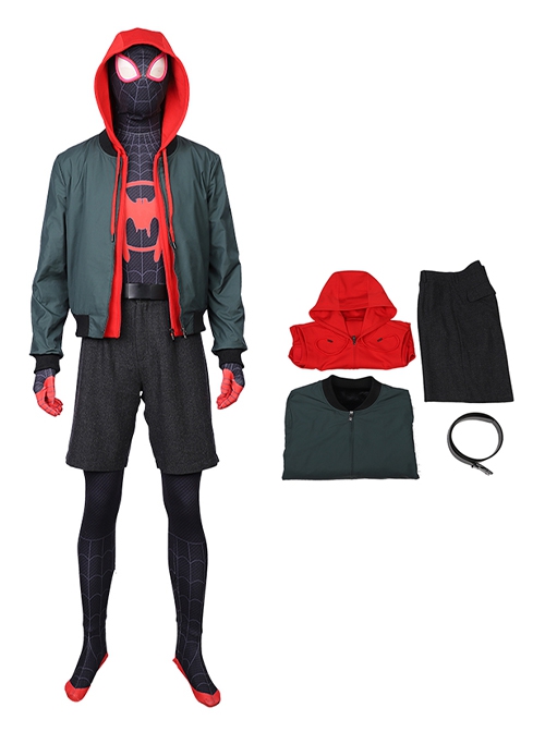 Spider-Man Into The Spider-Verse Halloween Cosplay Spider-Man Miles Morales Costume Male Version Hoodie Full Set Without Bodysuit