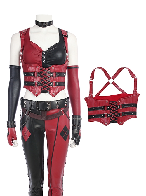 Game Batman Arkham City Halloween Cosplay Harley Quinn Costume Red Corset