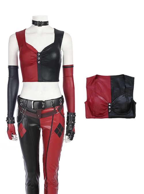 Game Batman Arkham City Halloween Cosplay Harley Quinn Costume Red-Black Bottoming Vest