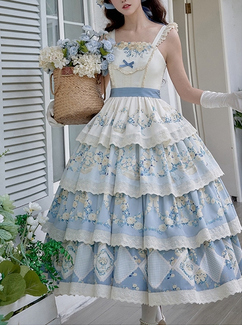 Exquisite Flower Lace Rustic Style Printed Embroidered Ruffles Four Section Hem Classic Lolita Sleeveless Dress Belt Brooch Set