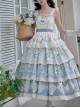 Exquisite Flower Lace Rustic Style Printed Embroidered Ruffles Four Section Hem Classic Lolita Sleeveless Dress Belt Brooch Set