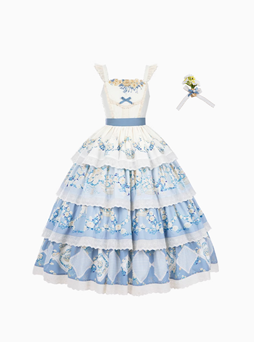 Exquisite Flower Lace Rustic Style Printed Embroidered Ruffles Four Section Hem Classic Lolita Sleeveless Dress Belt Brooch Set