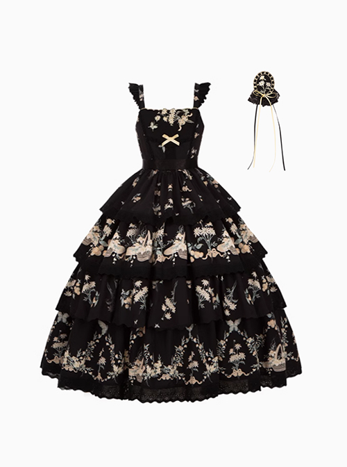 Exquisite Flower Lace Rustic Style Printed Embroidered Ruffles Four Section Hem Classic Lolita Sleeveless Dress Belt Brooch Set