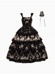 Exquisite Flower Lace Rustic Style Printed Embroidered Ruffles Four Section Hem Classic Lolita Sleeveless Dress Belt Brooch Set