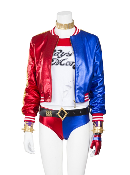 Suicide Squad Halloween Cosplay Harley Quinn Costume Red Blue Baseball Short Jacket