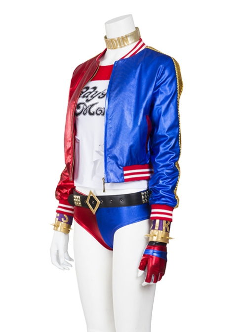 Suicide Squad Halloween Cosplay Harley Quinn Costume Red Blue Baseball Short Jacket