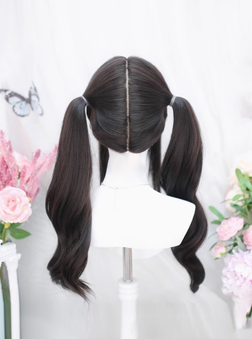 Anime Quadratic Element Black Cute Long Curly Hair Straight Bangs Sweet Lolita Dual Horsetail Simulation Wig