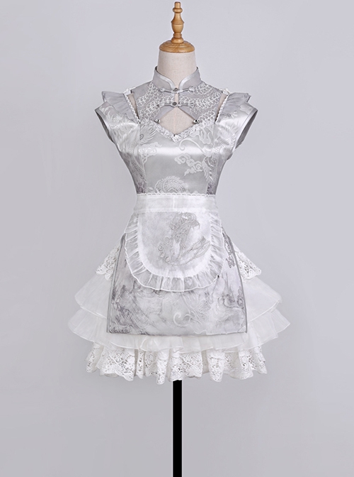 Silver Moon Series Y2K Chinoiserie Futuristic Chic Lustrous Short Cheongsam Sweet Lolita Sleeveless Dress Shorts Set