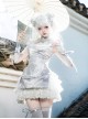 Silver Moon Series Y2K Chinoiserie Futuristic Chic Lustrous Short Cheongsam Sweet Lolita Sleeveless Dress Shorts Set