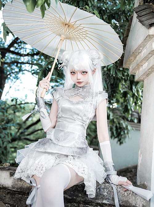 Silver Moon Series Y2K Chinoiserie Futuristic Chic Lustrous Short Cheongsam Sweet Lolita Sleeveless Dress Shorts Set